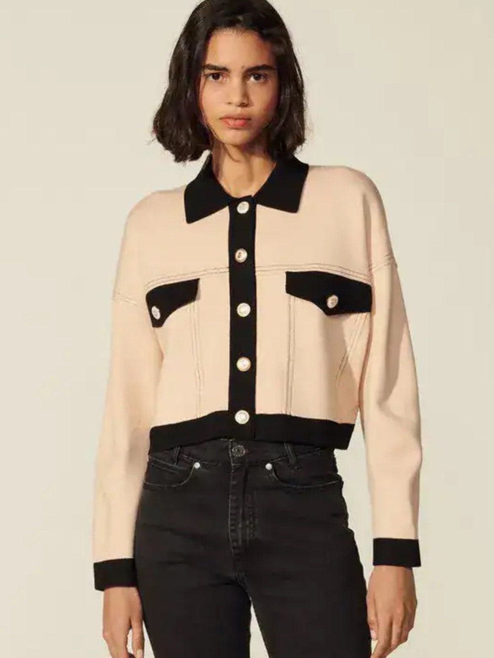 SANDRO PARIS Cher Cream Crop Contrast-Trim Knit Cardigan Sweater Jacket | 4 (XL)